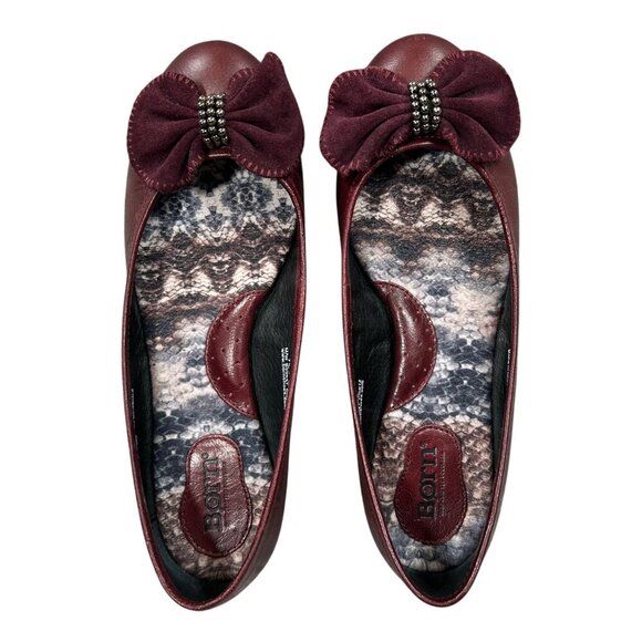 Born Burgundy Beaded Bow Leather Slip-On Ballet Flat Shoes Size 7.5 - Picture 4 of 10
